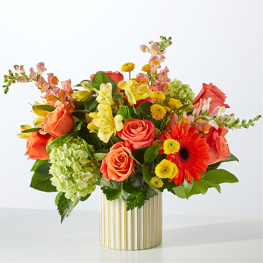 Autumn Sunshine Bouquet with Ivory Vase –  Blue Ridge Flowers, Blue Ridge GA