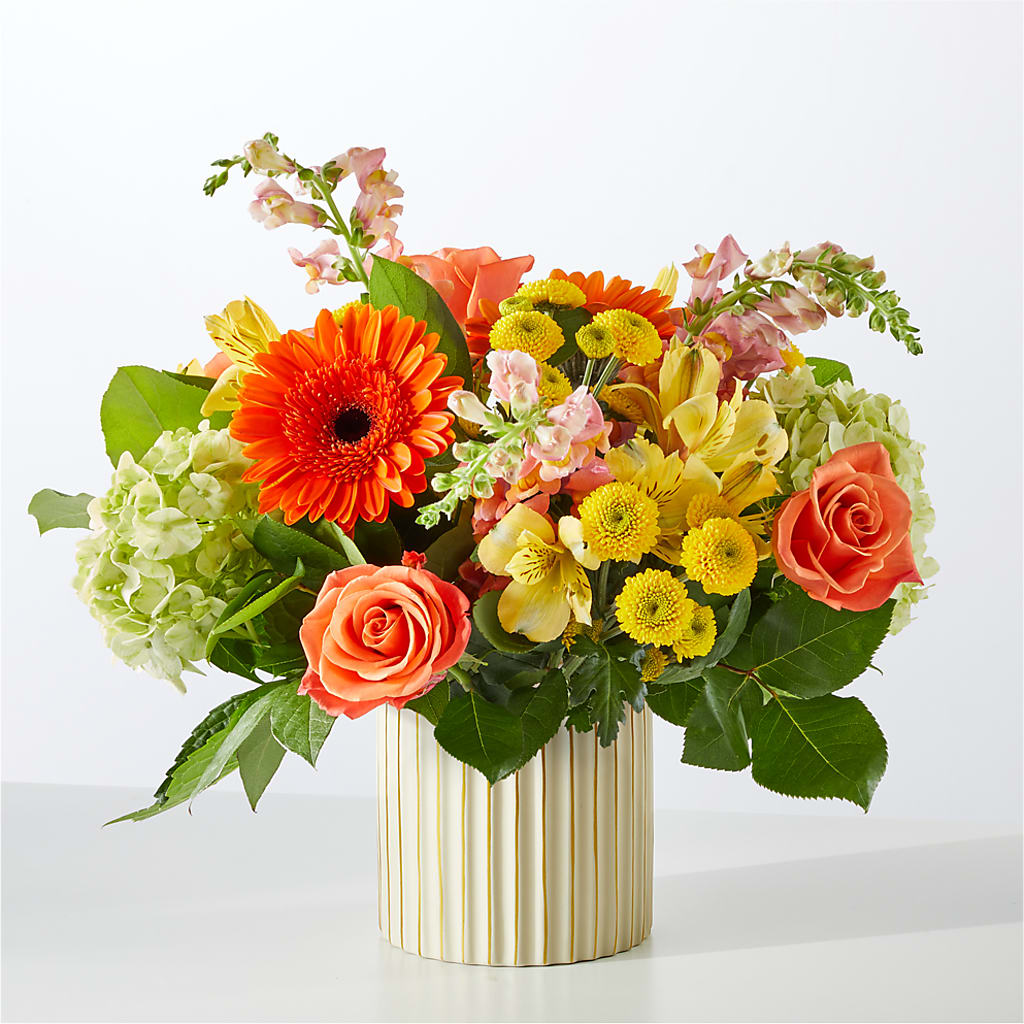 Autumn Sunshine Bouquet with Ivory Vase –  Blue Ridge Flowers, Blue Ridge GA